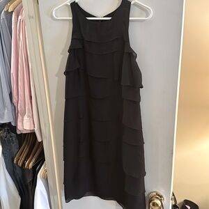 Kenar Ruffled Hem Tiered Layer Sheer Little Black Dress LBD Midi Size 6